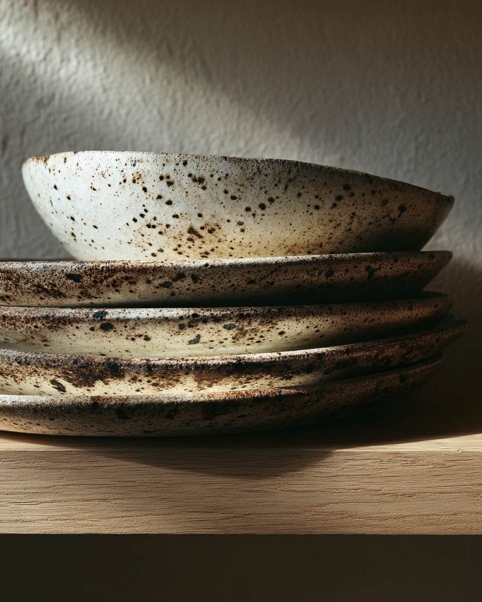 Stack of handmade speckled ceramic plates and bowls