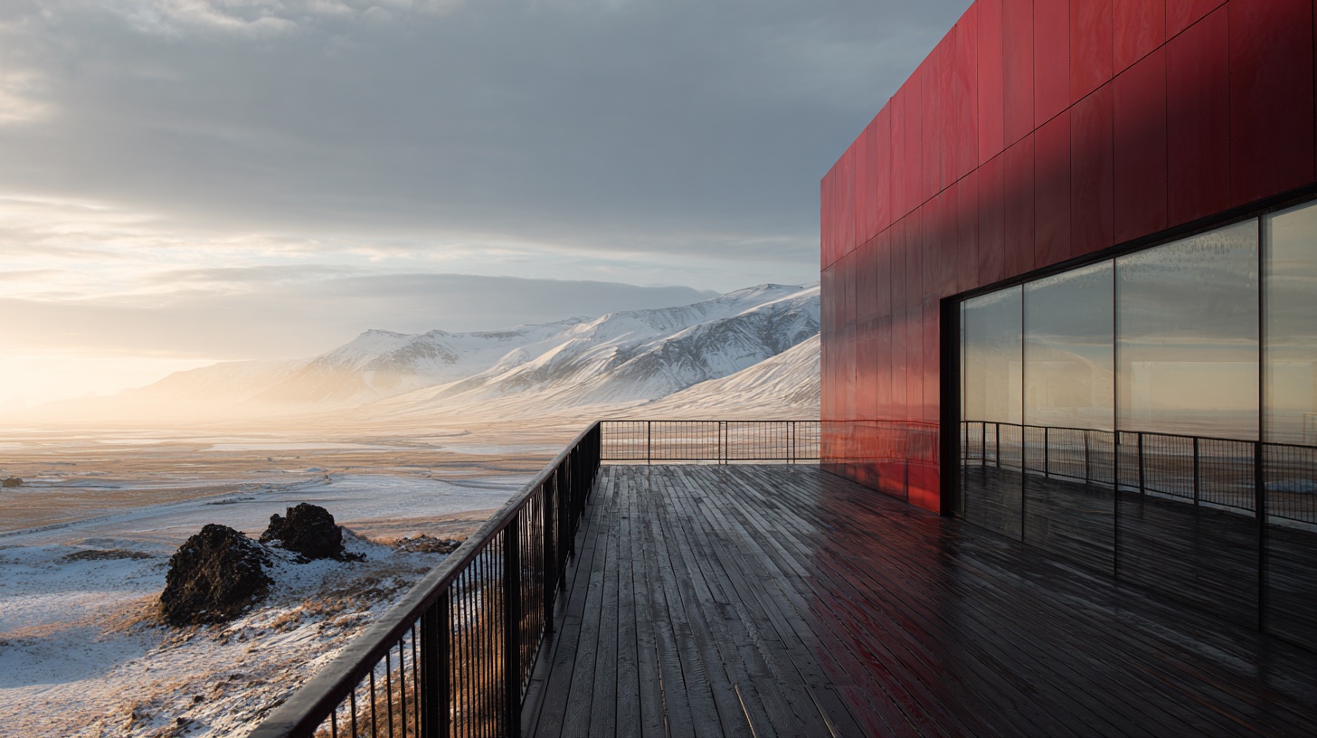 Restaurant deck at golden hour overlooking Icelandic landscape
