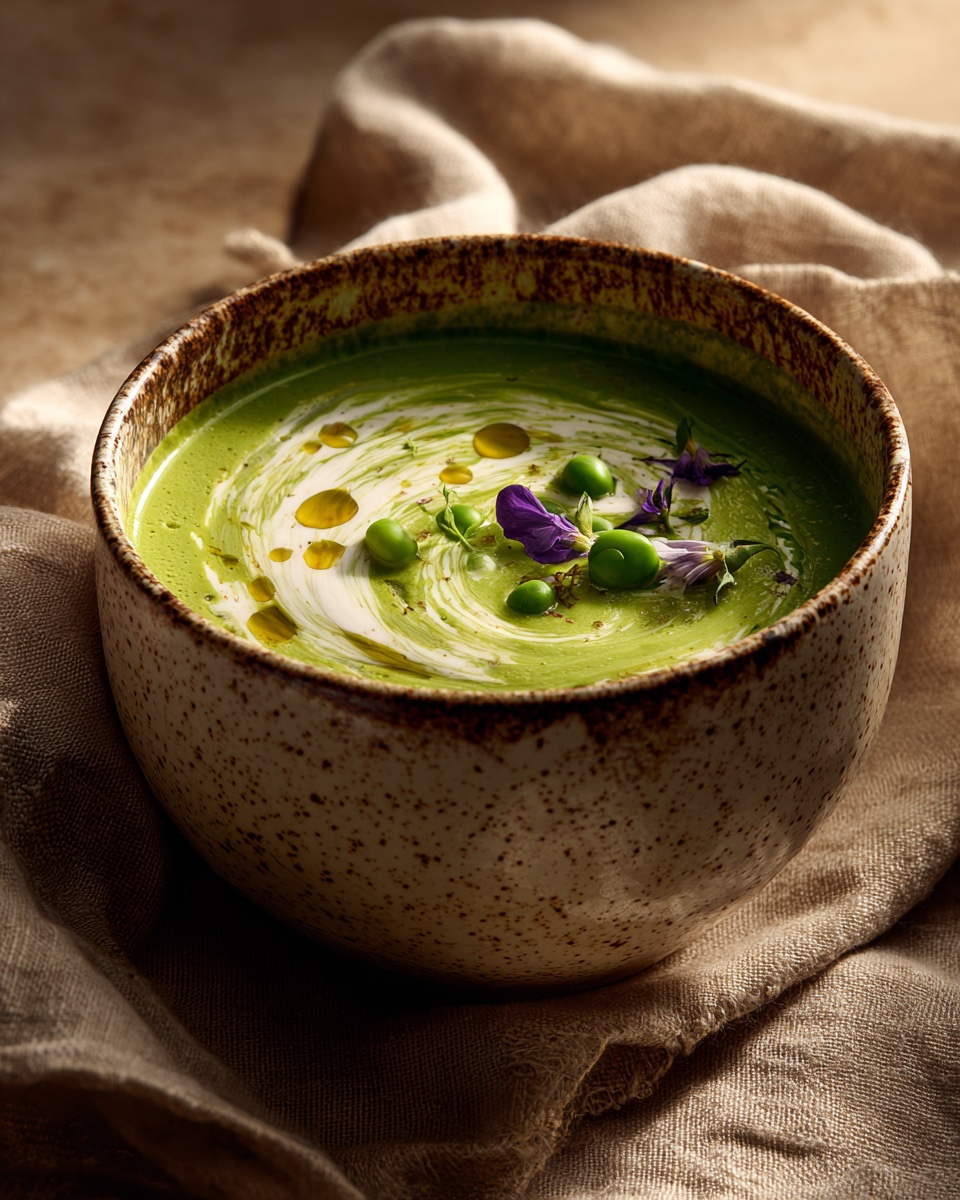 Bright green pea soup with cream and edible flowers