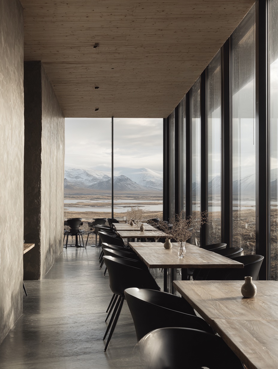 Interior dining room with floor-to-ceiling windows overlooking Icelandic landscape