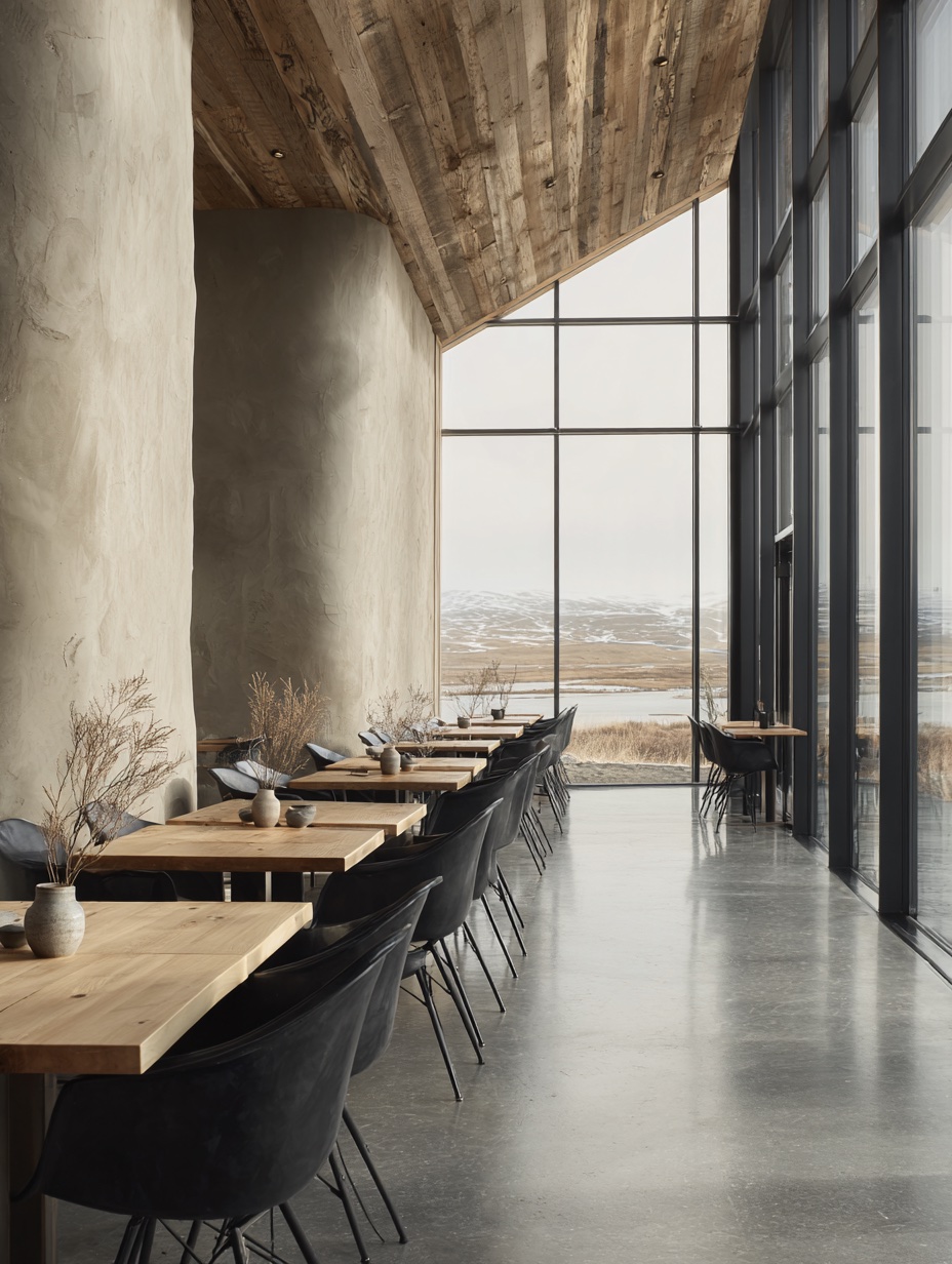 Dining room with wood ceiling, plaster walls, and Icelandic mountain view