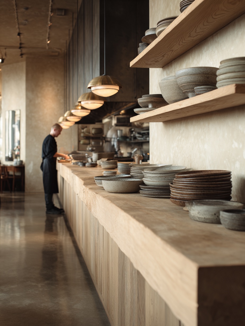 Kitchen pass with brass pendants and stacked ceramics
