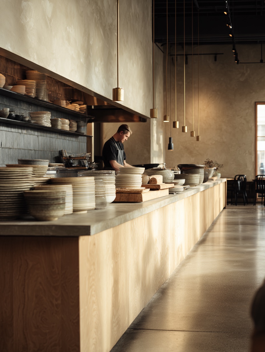 Chef working at the kitchen pass with pendant lights