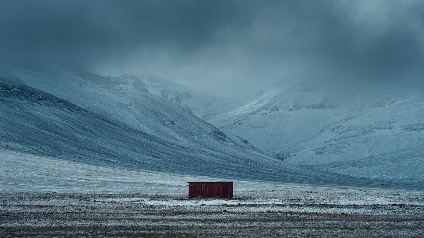 Wide landscape showing Wild Teeth as a tiny red building against vast Icelandic mountains