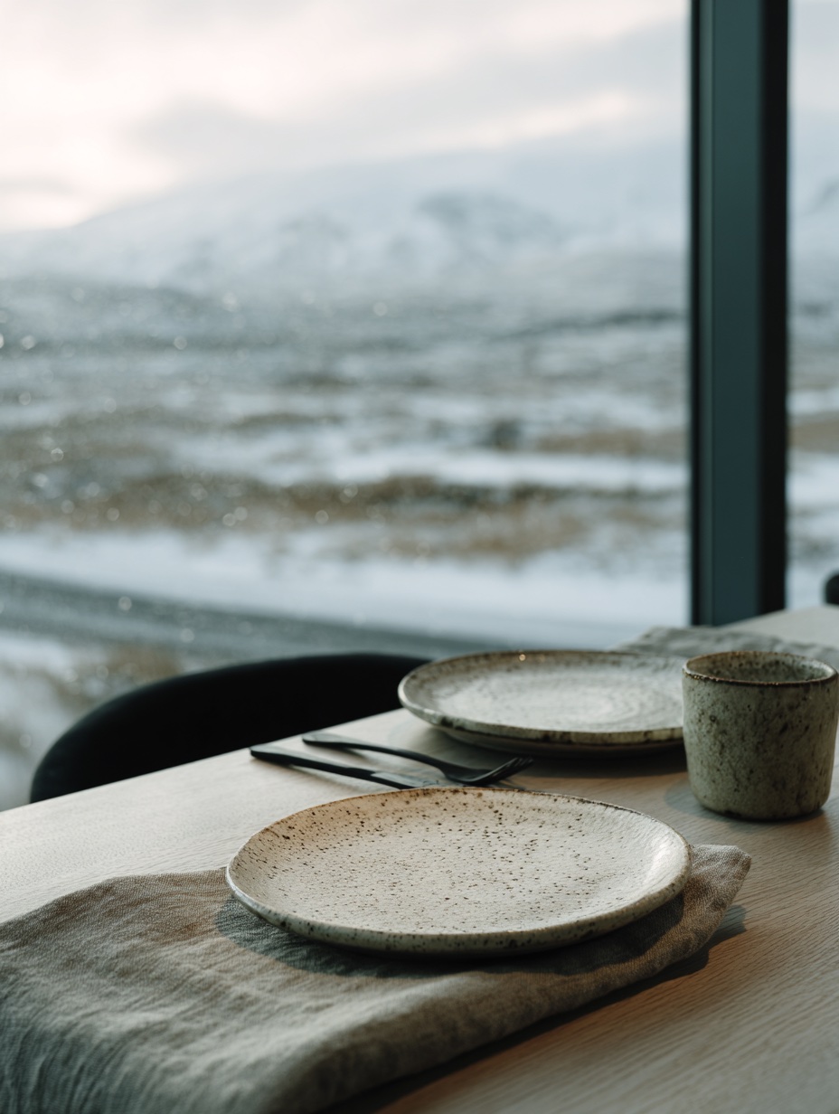 Place setting with ceramic plates overlooking snowy Icelandic landscape