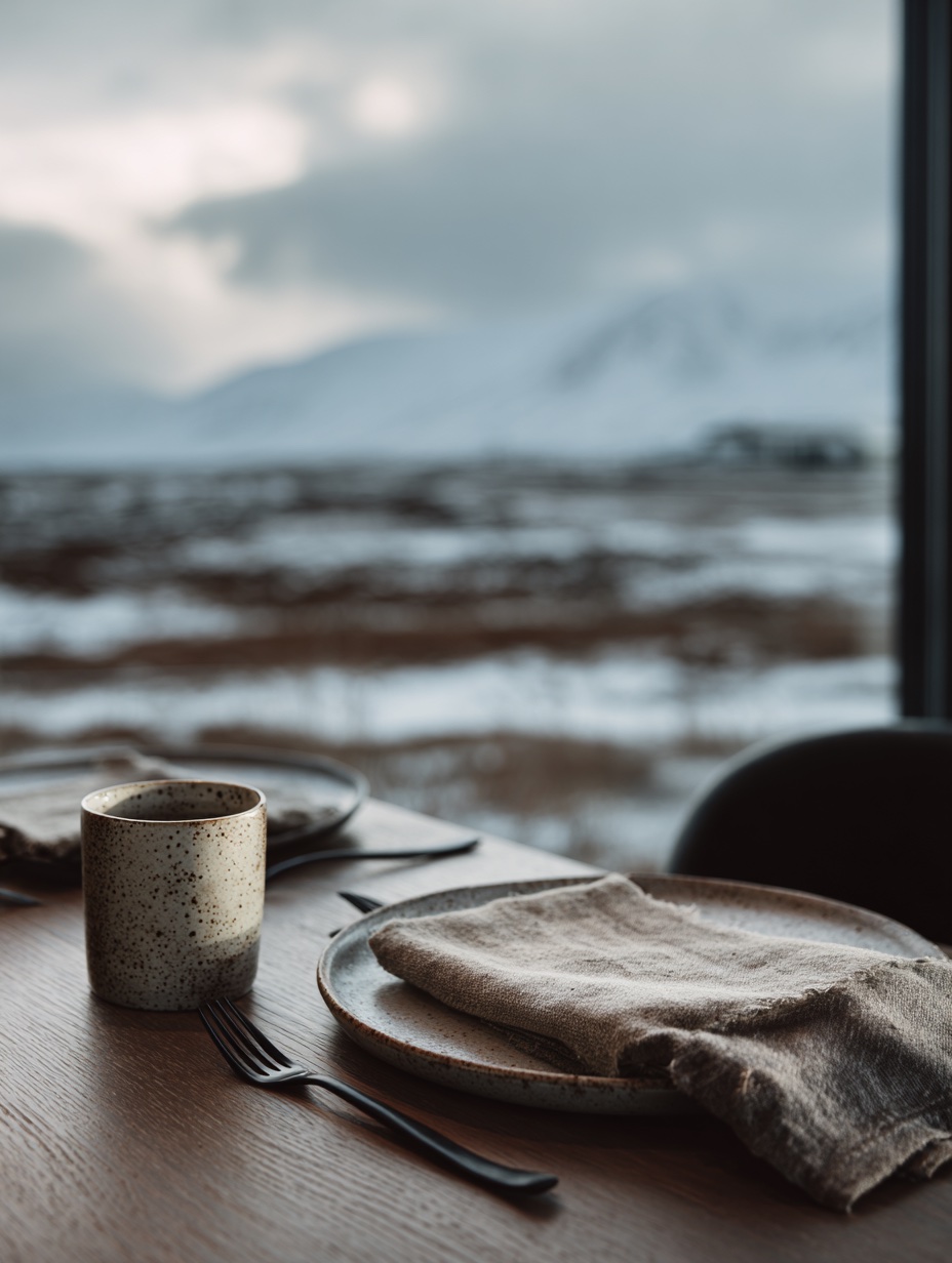 Table setting with handmade ceramic cup and Icelandic landscape through window